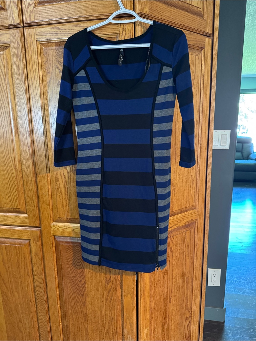 Jessica Simpson Navy, Black and Gray Striped Scoop-Neck Dress